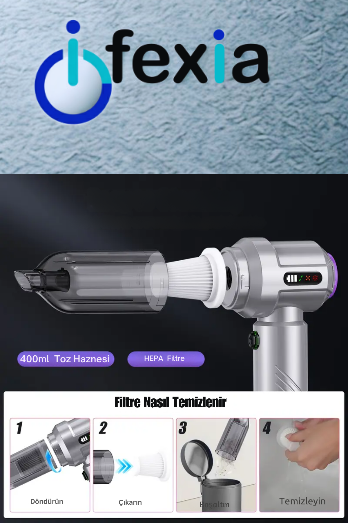 ifexia Yeni Nesil Dijital Göstergeli Mini Araç Süpürgesi